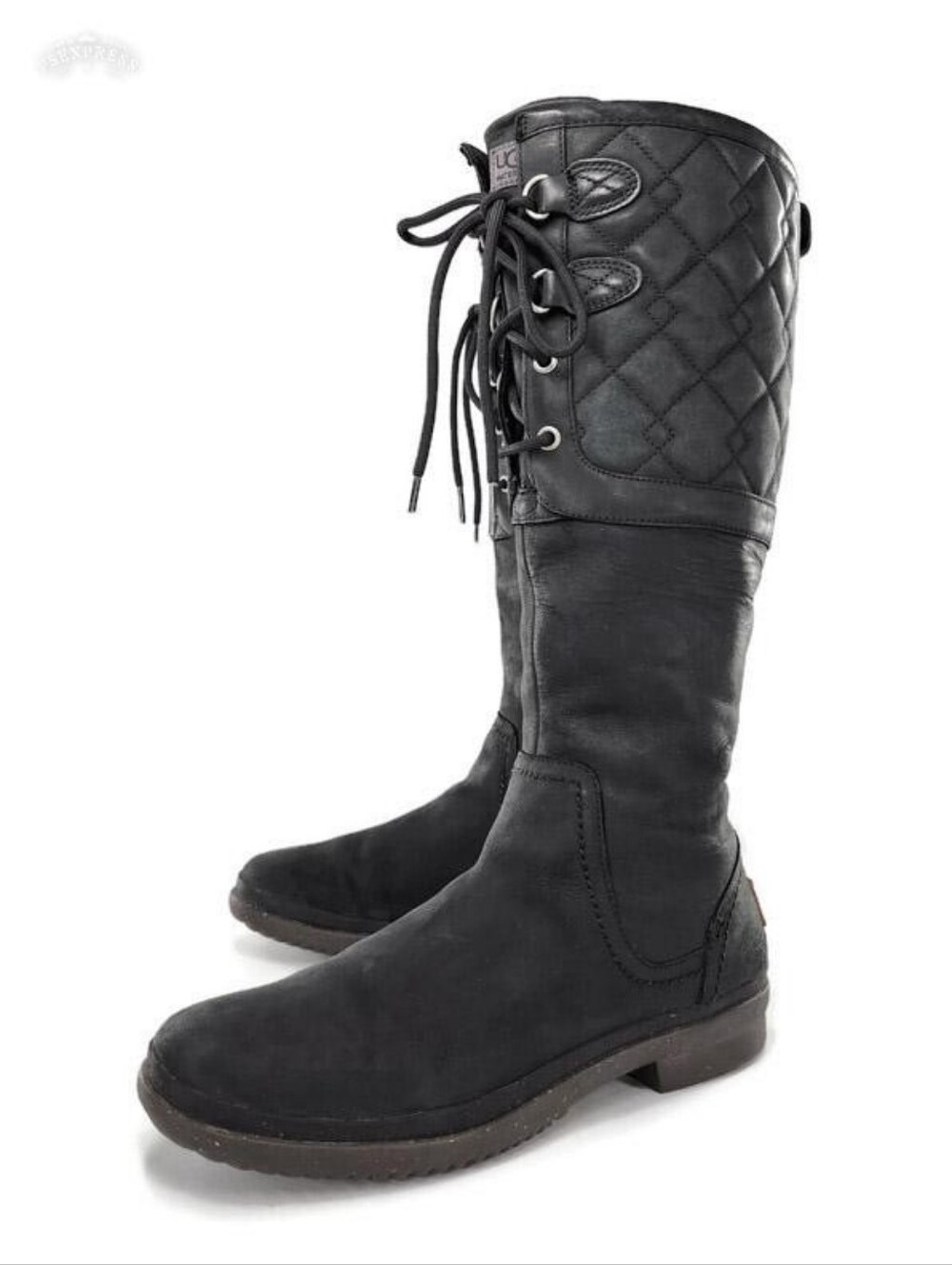 UGG Elsa Quilted Black Waterproof Nappa Leather & Shearling Lace-Up Tall Boots
